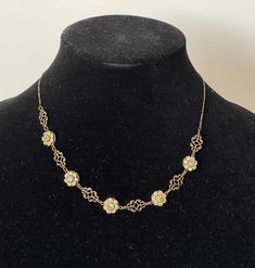 "Liz Palacios SF Swarovski yellow  crystal  floral, filigree  necklace 16\" - 17.5\"  L with clasp,  adjustable  marked with tag: Liz Palacios copyright symbol S.F.  Excellent condition  04/23/24 1979" Yellow Flower-shaped Formal Jewelry, Formal Yellow Flower-shaped Jewelry, Vintage Gold Necklaces With Flower Shape, Vintage Gold Flower Shaped Necklace, Antique Gold Flower Necklace, Gold Flower Shaped Necklace For Formal Occasions, Yellow Flower Shaped Jewelry For Formal Occasions, Elegant Yellow Flower Pendant Necklace, Elegant Flower Filigree Necklace