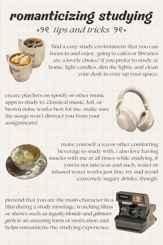 an info sheet describing how to use headphones for studying and drinking coffee or tea