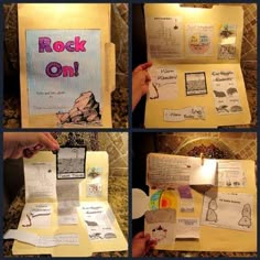 four different pictures showing the steps to make a rock on project with paper and magnets