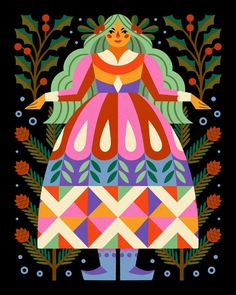 an illustration of a woman in a colorful dress