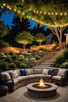 an outdoor fire pit surrounded by seating and lights