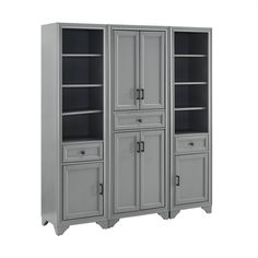 a gray bookcase with two doors and drawers