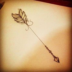 a feather and arrow tattoo on the back of a woman's shoulder, with a string attached to it