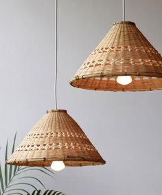 two woven lamps hanging from the ceiling next to a potted plant