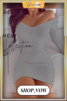 Fashion Bodycon Dress Solid Color Deep V-neck Off The Shoulder Long Sleeve Autumn Winter Dresses Trendy Winter V-neck Mini Dress, Casual Bodycon V-neck Dress, Winter Bodycon V-neck Dress, Winter V-neck Bodycon Dress, Trendy V-neck Mini Dress For Winter, V-neck Winter Dresses, Chic Gray V-neck Dress, Casual V-neck Bodycon Mini Dress, Trendy V-neck Bodycon Dress For Fall