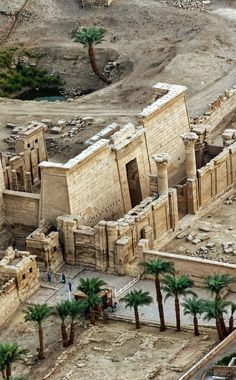 an aerial view of the ancient city with palm trees and buildings in the foreground