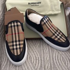 New With Box. Never Used $399 Obo Designer Brown Slip-on Sneakers, Luxury Slip-on Sneakers With Round Toe, Burberry Rain Boots, Burberry Sneakers, Burberry Boots, Grey Loafers, Black Rain Boots, Burberry Classic, Purple Heels