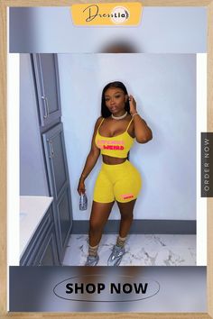 Spaghetti Strap Tank Tops Biker Shorts Two Piece Set Yellow Biker Shorts For Summer Workout, Casual Yellow Fitted Biker Shorts, Casual Fitted Yellow Biker Shorts, Spaghetti Strap Tank Top, Two Piece Set, Biker Shorts, Two Piece Sets, 1 Million, Two Pieces