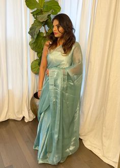 Fitted Organza Pre-draped Saree For Celebration, Festive Sheer Organza Saree, Festive Sheer Saree, Summer Green Pre-draped Saree, Traditional Sheer Saree For Festive Occasions, Traditional Sheer Organza Saree, Elegant Summer Chanderi Saree, Sheer Blouse Piece For Wedding, Festive Sheer Saree For Wedding