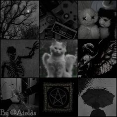 black and white collage with images of cats, bats, skeletons, and other items