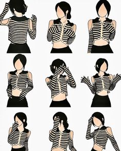 a woman with different poses and stripes on her shirt