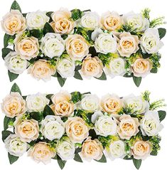 two rows of white and peach roses with green leaves on them, set against a white background