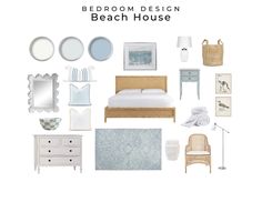 a bedroom design board with white furniture and accessories