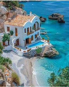 an aerial view of a house on the beach with blue water and rocks in the background