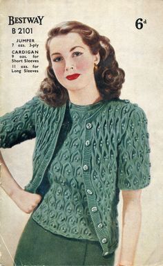 an old fashion magazine cover with a woman wearing green pants and a cardigan sweater