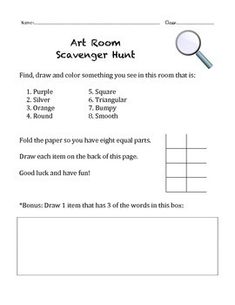 an art room scavenger hunt is shown in this printable worksheet