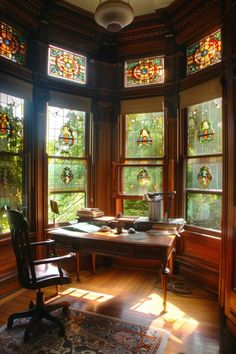 an office with stained glass windows and wooden desk