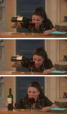 a woman sitting at a table with a bottle of wine in front of her and the words, how to pour wine just a little more perfect