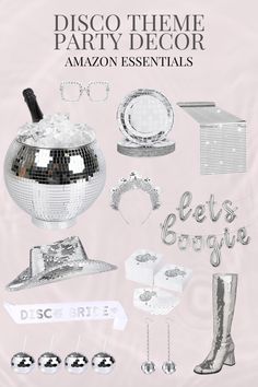 Disco Ball Themed Party Bachelorette Birthday Amazon Essentials Disco Outfit Disco Hen Party Theme, Disco And Diamonds Party Theme, Last Disco Birthday Party, Cowboy Disco Party Decorations, Silver Disco Birthday Party, Mid 20s Birthday Party Ideas, White And Silver Disco Party, Mirror Ball Theme Party, Disco Theme Birthday Party Outfit