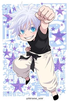 an anime character with white hair and blue eyes is in the air while holding his fist up