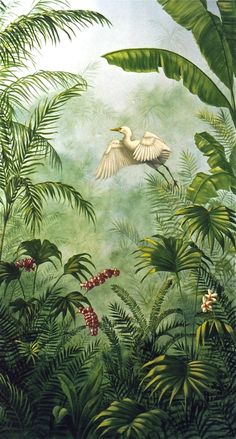 a painting of birds flying in the jungle