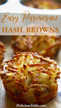 an easy parmesan hash browns recipe is shown in the foreground with text overlay