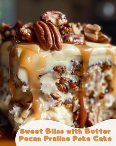 a piece of pecan pralie poke cake on a plate