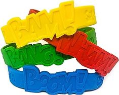 five plastic name bracelets with the word bang it on them in different colors and sizes