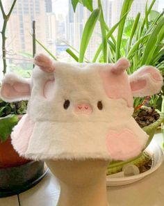 "♡ Faux Fur Bucket Hat  ♡ ♡ 22.1\" Circumference ♡ ♡ Little tail on the back  ♡" Cow Clothes, Cow Bucket Hat, Blueberry Cow, Cute Bucket Hats, Bucket Hat With String, Cow Hat, Fur Bucket, Faux Fur Bucket Hat, Fur Bucket Hat