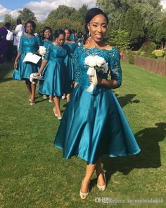 the bridesmaids are walking down the grass together