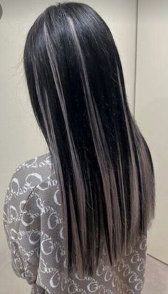 Silver Streak Hair, Jet Black Hair With White Streak, White Tips Hair, Long Black And Silver Hair, Black Hair One White Streak, Black Hair White Underneath, Black Hair With Gray Highlights, Sliver Streaks Black Hair, Black Hair Grey Highlights