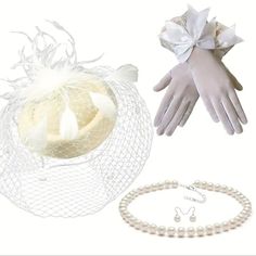 The 4pcs Beige Fascinator Hat Headband Set Is A Charming Collection Perfect For Tea Parties, Vintage-Themed Events, Or Elegant Occasions. This Stylish Set Includes A Beautifully Crafted Beige Fascinator Hat Headband Adorned With Delicate Details, Exuding Timeless Sophistication. Complementing The Headpiece Are A Pair Of Short Lace Gloves That Add A Touch Of Classic Elegance To Your Ensemble. The Set Also Features A Faux Pearl Necklace And Matching Earrings, Providing A Refined Finishing Touch. T Elegant Mini Hats For Wedding And Holiday, Elegant Adjustable Fascinator As A Gift, Elegant Fitted Winter Costume Accessories, Elegant Winter Party Costume Accessories, Elegant Winter Adjustable Fascinator, Adjustable Mini Hats For Winter Wedding, Elegant Spring Mini Hats As Gifts, Elegant Spring Mini Hats For Gifts, Pillbox Fascinator