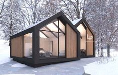 a small cabin in the middle of snow covered ground with two windows on each side