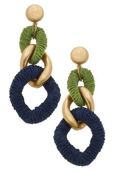 Add a pop of color and fun to your outfit with our Mykonos Raffia Statement Earrings in Green & Navy. These bold and playful earrings are crafted from high-quality raffia, making them lightweight and comfortable to wear all day. Stand out from the crowd and add a unique touch to your look with these charming statement earrings. Base Metal with Worn Gold Plating Wicker/Raffia 3.5" Length x 1.18" Width Unique Statement Earrings, Unique Fashion Accessories, Raffia Earrings Diy, Colorful Statement Earrings, Fun Accessories Fashion, Statement Earrings Outfit, Bride Birthday, Earrings Outfit, Boho Style Outfits