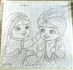 Radha Krishna Grid Sketch, Radhakrishna Drawing Easy, Radha Krishna Easy Drawing, Radha Sketch, Radha Krishna Playing Holi, Baby Radha Krishna, Holi Special Drawing, Krishna Playing Holi, Radhakrishna Drawing