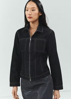 Fitted zipper denim jacket - Women | Mango USA Denim Biker Jacket, Fitted Denim Jacket, Rib Knit Cardigan, Fitted Jacket, Tailored Design, Shirt Dress Style, Tailored Dress, Fall 24, Fall Fits