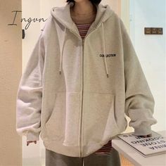 Ingvn - Y2K Vintage Oversized Women Hoodies Harajuku Aesthetic Zip Up Hooded Sweatshirt Top Long Oversized Hoodies Aesthetic, Korean Hoodie, E Girl Clothes, Harajuku Aesthetic, Hoodies Aesthetic, Women Hoodies, Clothes Casual, E Girl, Oversize Women