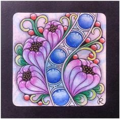 this is a painting of some flowers on a white plate with blue and purple colors