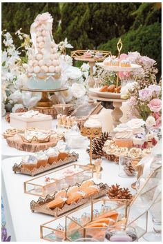 a table topped with lots of cakes and cupcakes