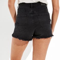 Tags Attached, Just Never Ended Up Wearing Them Raw Hem High Waisted Black Wash 71% Cotton, 16% Polyester, 7% Rayon, 5% Recycled Cotton, 1% Elastane American Eagle Jeans Women, Denim Pins, Floral Embroidered Shirt, American Eagle Jean Shorts, Mom Denim, Ripped Jean Shorts, Boyfriend Denim, American Eagle Shorts, Jeans For Short Women