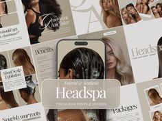 the front and back cover of an ad for head spa with images of women's hair