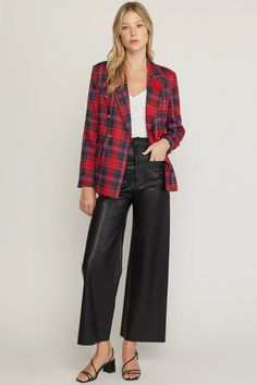 Polished plaid bring style and class to this blazer. -  Double breasted -  Lined - Button closure at sleeves -  95% Polyester, 5% Spandex Small 2-4, Medium 6-8, Large 10-12 Holiday Glam Outfits, Baseball Cap Summer, Holiday Outfits Christmas, Night Out Tops, Glam Outfit, Holiday Plaid, Plus Size Cardigans, Easter Outfit, Vintage Blazer