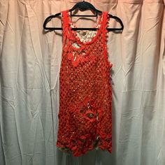 Fun And Flirty Free People Dress Featuring A Crochet Overlay And A Satin Lining. New Without Tags. Orange Sleeveless Crochet Top, Sleeveless Crochet Trim Top For Party, Sleeveless Crochet Top For Party, Sleeveless Crochet Top With Crochet Trim For Party, Red Sleeveless Crochet Dress For Vacation, Red Crochet Dress For Summer Beach, Red Crochet Dress For Spring Party, Sleeveless Crochet Dress With Crochet Trim For Parties, Red Sleeveless Crochet Dress For Summer