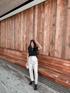 dress pants, business casual, Pinterest outfit, outfit ideas, outfit inspo, summer outfits, shoulder bag, sneakers outfit, black tshirt Dress Pants Business Casual, Black Sambas, Sambas Outfit, Pants Business Casual, Samba Og Shoes, Outfit Ideas Black, Adidas Samba Outfit, Samba Outfit