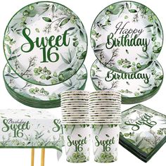 a set of plates and napkins with green leaves on them, including the words sweet sixteen