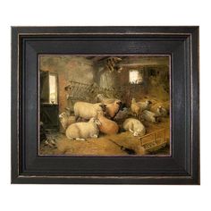 a painting of sheep in a barn with other animals around it and one is laying down on the ground