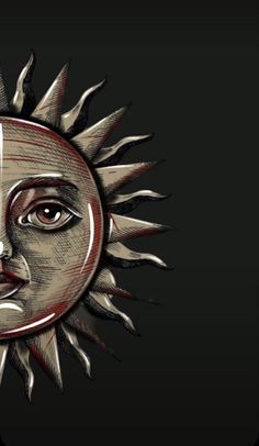 a drawing of a sun with a face on it's side, and the moon in the middle