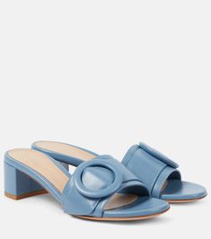 Venezia 45 leather mules in blue - Gianvito Rossi | Mytheresa Rossi Shoes, Mid Heel Sandals, Block Heel Shoes, Leather Mules, Designer Heels, Mid Heel, Metallic Leather, Mule Clogs, Gianvito Rossi