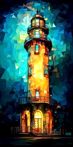 an abstract painting of a lighthouse in the night