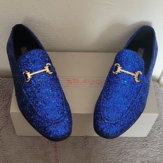 Bravo! Men Dress Shoe Prom Slip-On Loafer Oxford Cap Toe Blue Metallic Glitter For Wedding Prom; Fully Lined Interior And Full-Length Eva Cushioned Footbed Prom Shoes Men, Mens Woven Loafers, Red Vans Shoes, Mens Wedding Shoes, Calvin Klein Sandals, Gold Dress Shoes, Royal Blue Wedding Shoes, Cole Haan Sneakers, Calvin Klein Sneakers